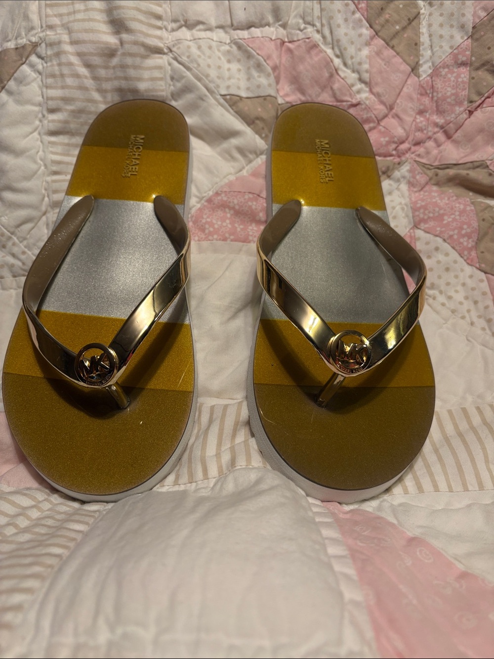 Michael Kors Metallic Gold and Silver Logo Thong Sandals Size 8